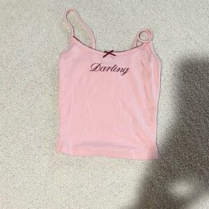 Baby pink short sleeve Darling crop top, with red/burgundy trim and bow!